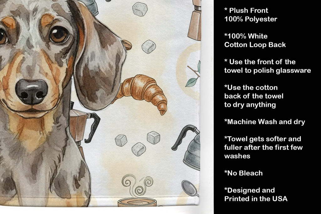 Dapple Dachshund Coffee Bar Kitchen Towel Velour Plush Front and Cotton Loop Back Machine Washable