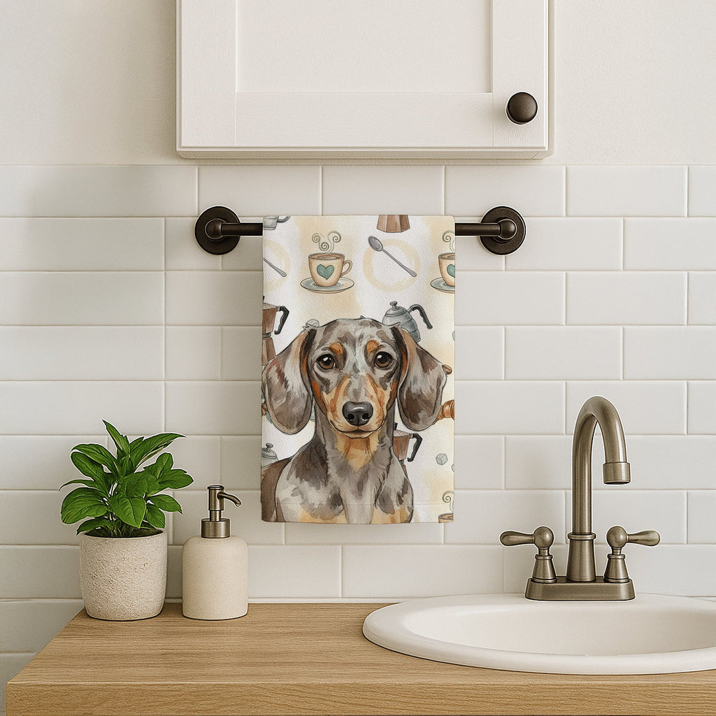 Dapple Dachshund Coffee Bar Kitchen Towel Velour Plush Front and Cotton Loop Back Machine Washable