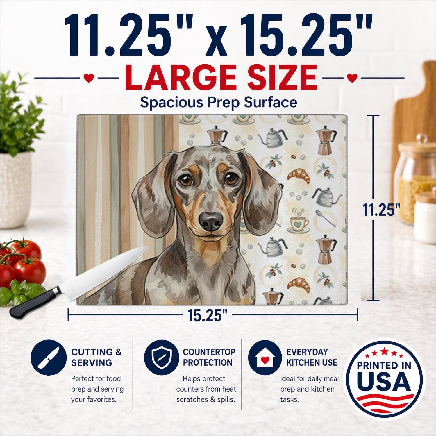 Dapple Dachshund Coffee Bar Cutting Board Tempered Glass Kitchen Cutting Surface, Heat Resistant Chopping, Non-Slip Feet, Food Prep & Serving