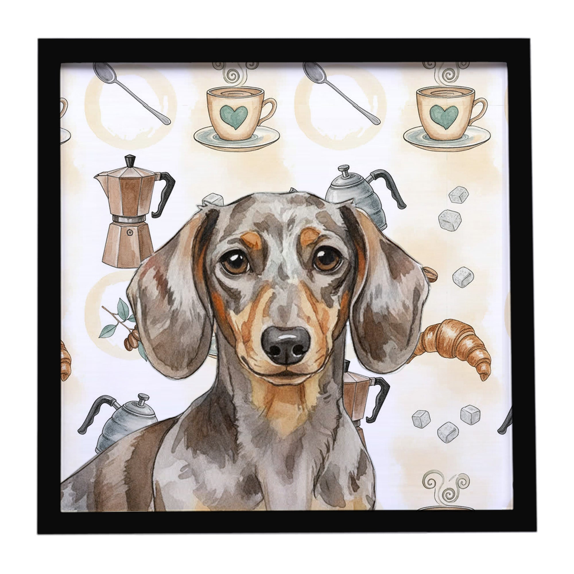 Dapple Dachshund Coffee Bar Framed Metal Print Bathroom, Kitchen, Office, Home Decor Wall Art Ready to Hang, Square, 8X8