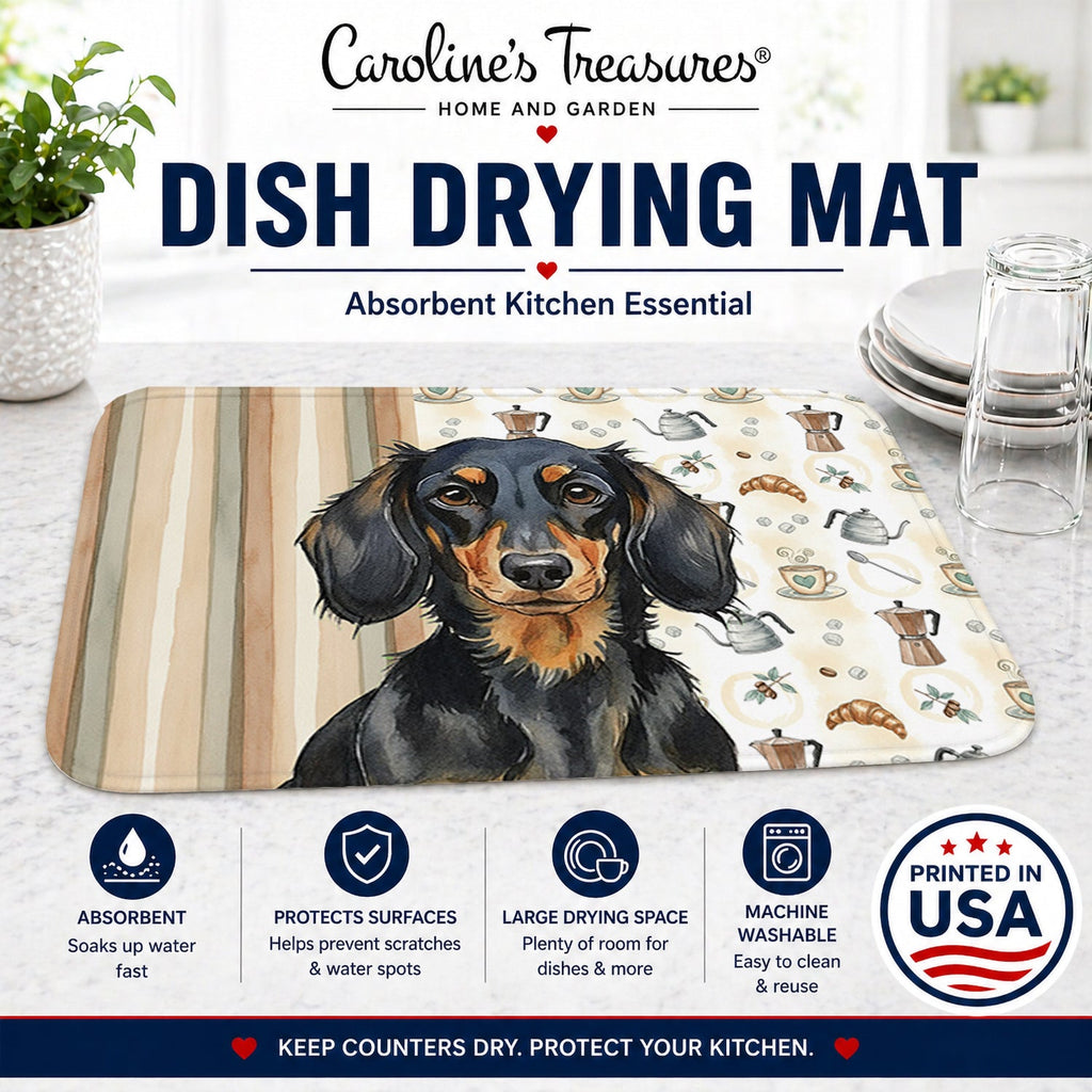 Longhaired Black and Tan Dachshund Coffee Bar Dish Drying Mat Absorbent Dish Drying Mat Pad for Kitchen Counter Dish Drainer Mat for Countertop, 14 x 21", Multicolor
