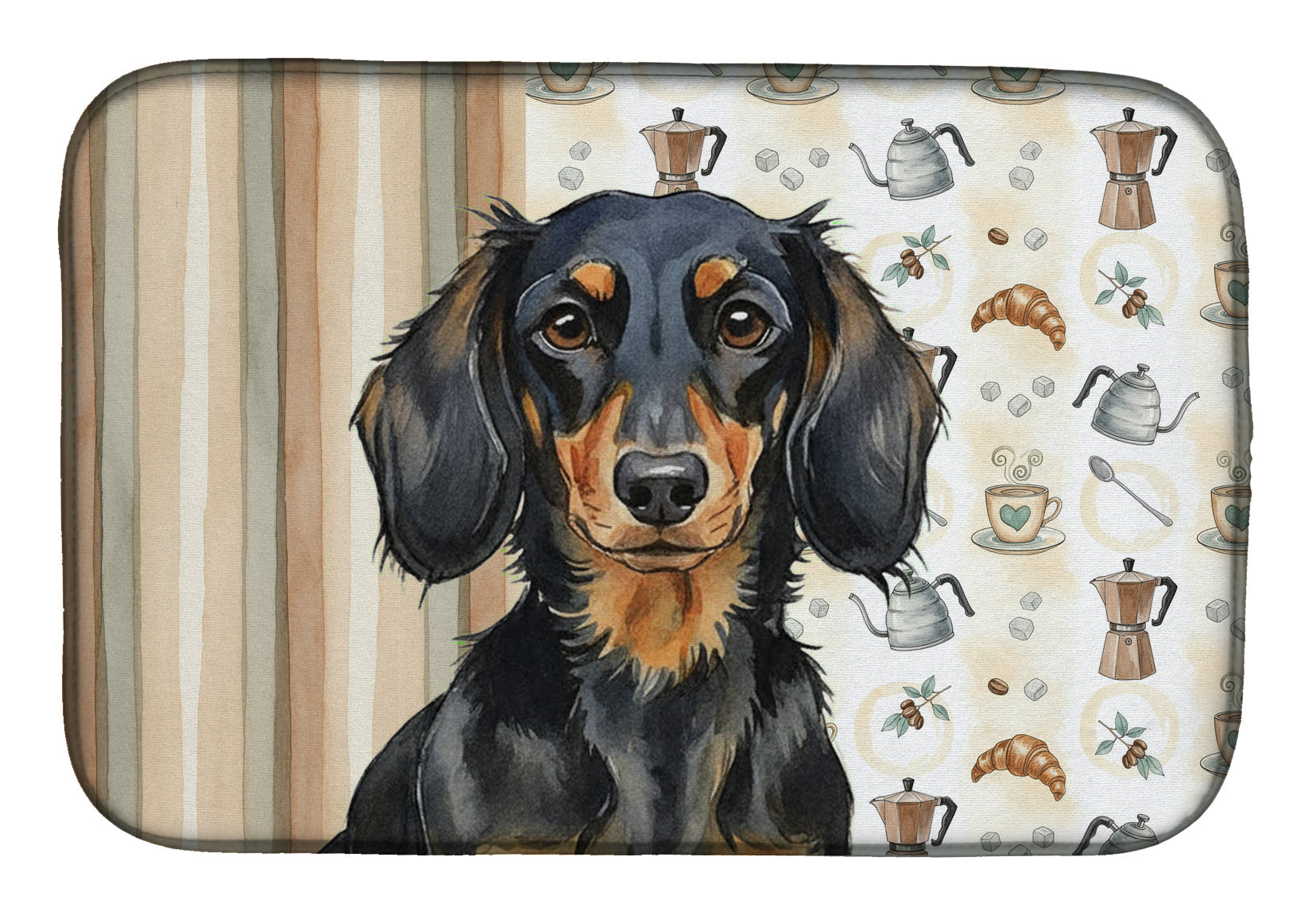 Longhaired Black and Tan Dachshund Coffee Bar Dish Drying Mat Absorbent Dish Drying Mat Pad for Kitchen Counter Dish Drainer Mat for Countertop, 14 x 21", Multicolor