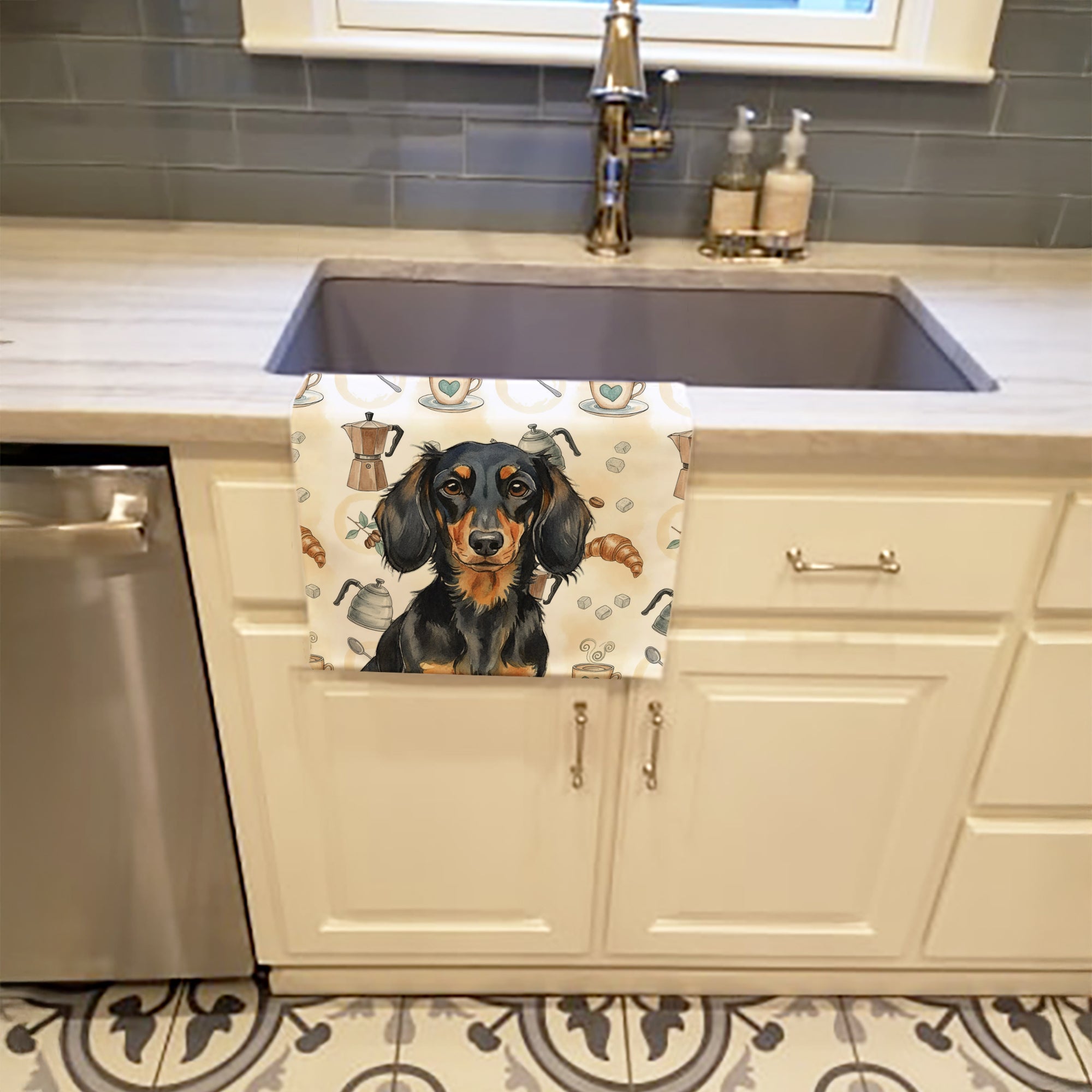Longhaired Black and Tan Dachshund Coffee Bar Kitchen Towel Velour Plush Front and Cotton Loop Back Machine Washable