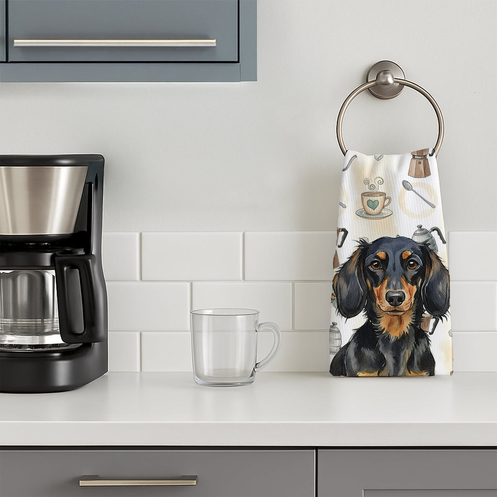 Longhaired Black and Tan Dachshund Coffee Bar Kitchen Towel Velour Plush Front and Cotton Loop Back Machine Washable