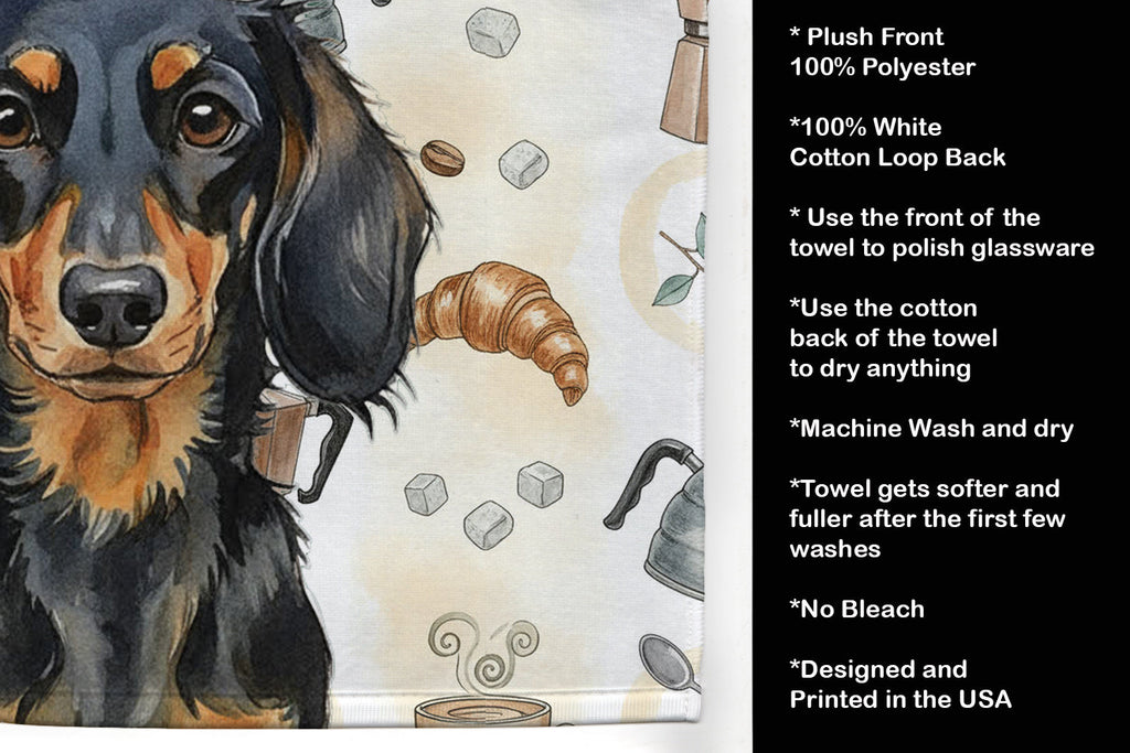 Longhaired Black and Tan Dachshund Coffee Bar Kitchen Towel Velour Plush Front and Cotton Loop Back Machine Washable