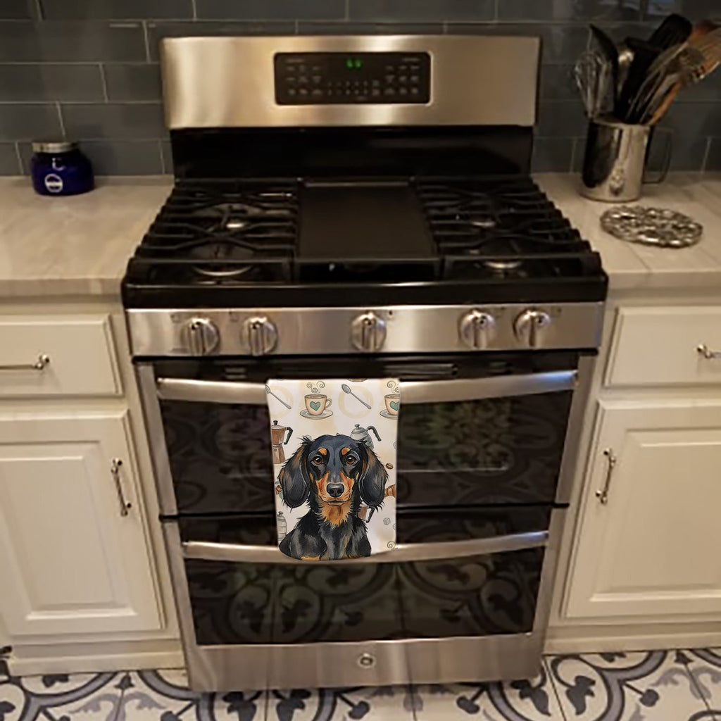 Longhaired Black and Tan Dachshund Coffee Bar Kitchen Towel Velour Plush Front and Cotton Loop Back Machine Washable