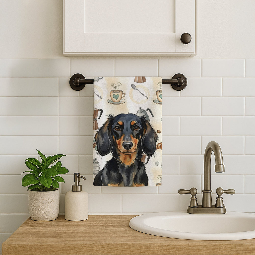 Longhaired Black and Tan Dachshund Coffee Bar Kitchen Towel Velour Plush Front and Cotton Loop Back Machine Washable