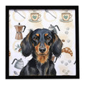 Longhaired Black and Tan Dachshund Coffee Bar Framed Metal Print Bathroom, Kitchen, Office, Home Decor Wall Art Ready to Hang, Square, 8X8