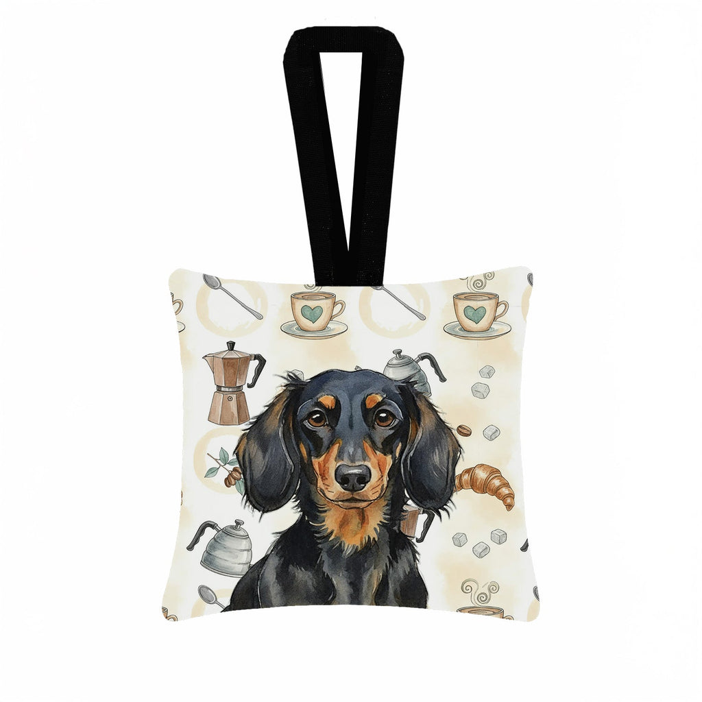 Longhaired Black and Tan Dachshund Coffee Bar Hanging Square Fabric Ornament 3.5 � 3.5 Decorative Door-Knob & Tree Hanger, Soft Fabric