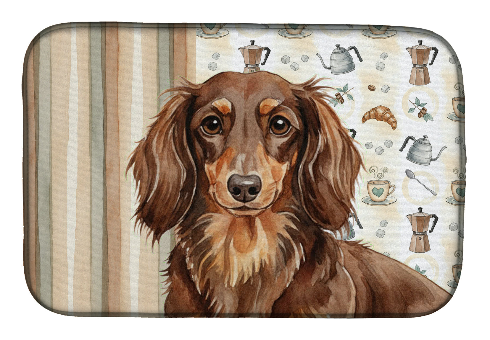 Longhaired Chocolate and Tan Dachshund Coffee Bar Dish Drying Mat Absorbent Dish Drying Mat Pad for Kitchen Counter Dish Drainer Mat for Countertop, 14 x 21", Multicolor