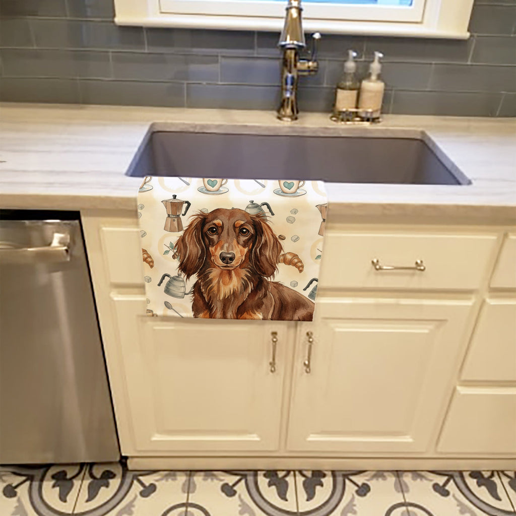 Longhaired Chocolate and Tan Dachshund Coffee Bar Kitchen Towel Velour Plush Front and Cotton Loop Back Machine Washable