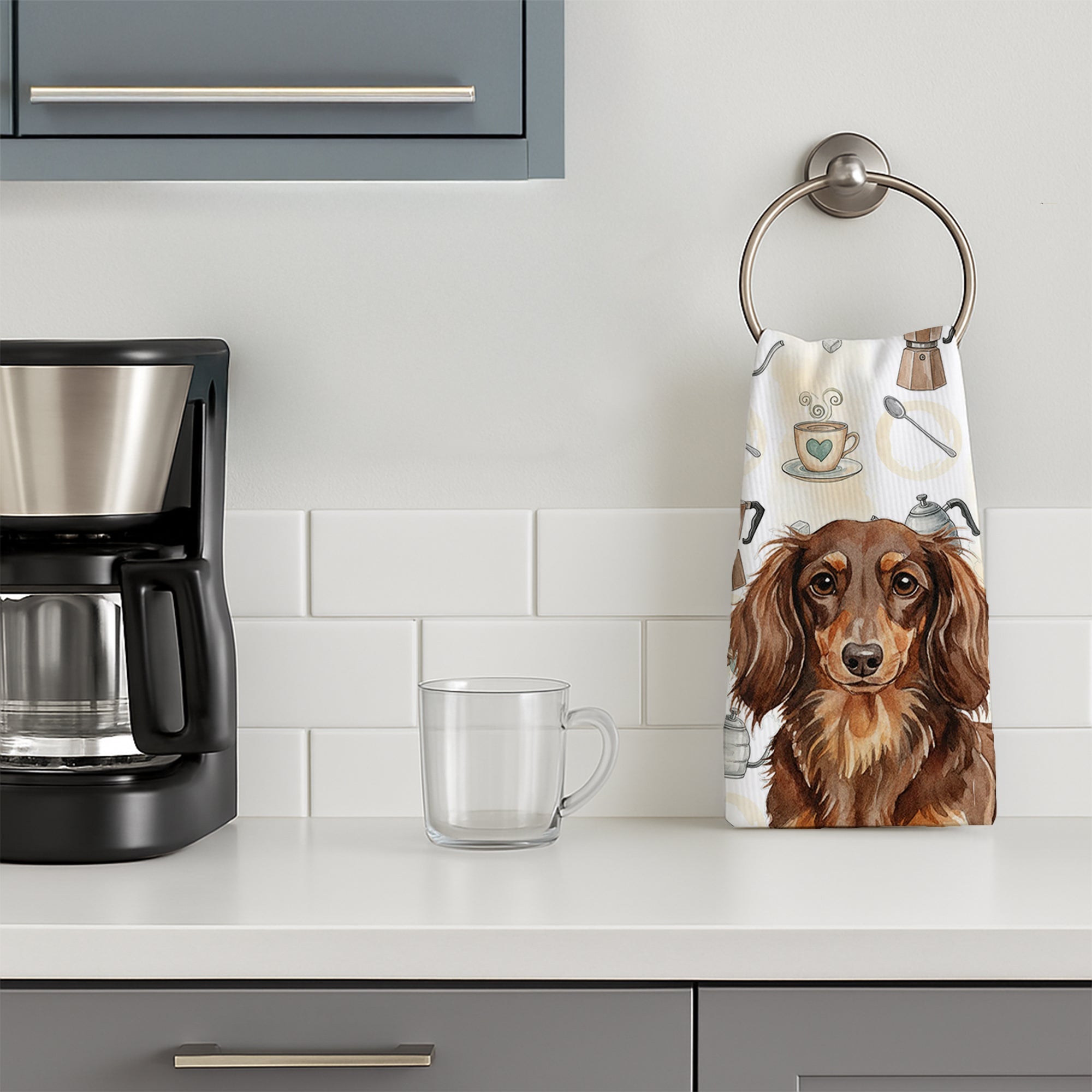 Longhaired Chocolate and Tan Dachshund Coffee Bar Kitchen Towel Velour Plush Front and Cotton Loop Back Machine Washable