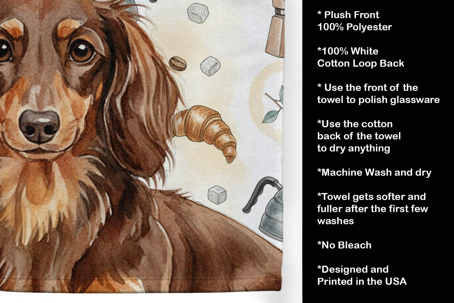 Longhaired Chocolate and Tan Dachshund Coffee Bar Kitchen Towel Velour Plush Front and Cotton Loop Back Machine Washable