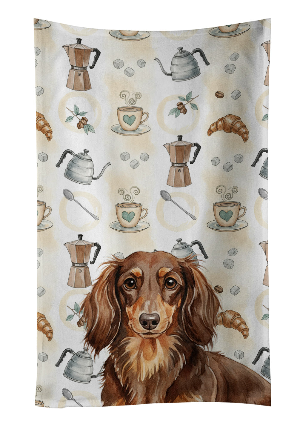 Longhaired Chocolate and Tan Dachshund Coffee Bar Kitchen Towel Velour Plush Front and Cotton Loop Back Machine Washable