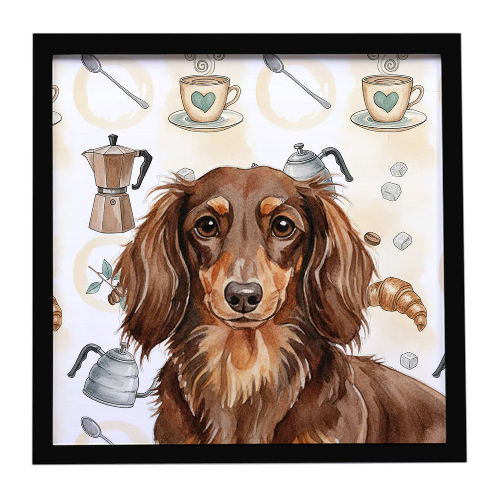 Longhaired Chocolate and Tan Dachshund Coffee Bar Framed Metal Print Bathroom, Kitchen, Office, Home Decor Wall Art Ready to Hang, Square, 8X8