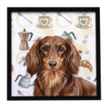 Longhaired Chocolate and Tan Dachshund Coffee Bar Framed Metal Print Bathroom, Kitchen, Office, Home Decor Wall Art Ready to Hang, Square, 8X8