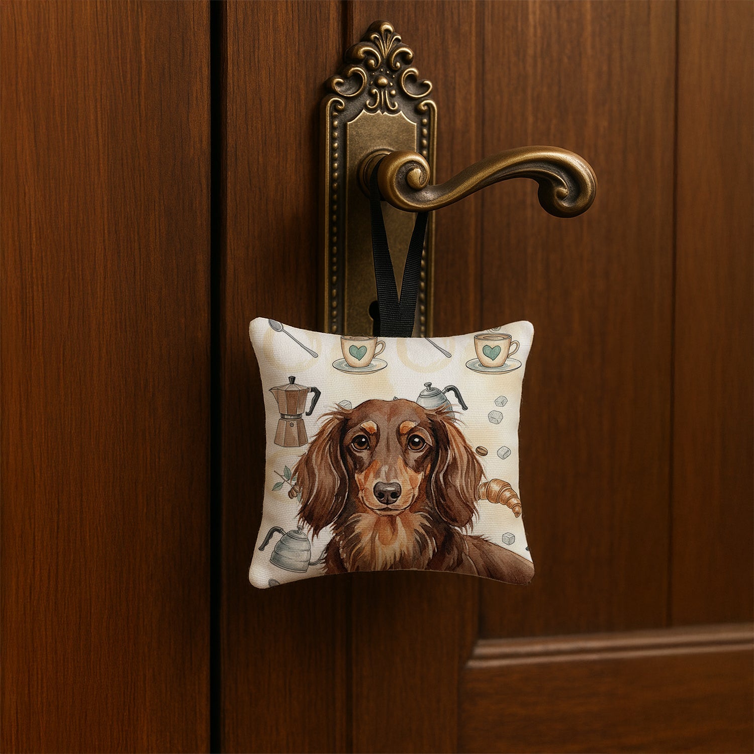 Longhaired Chocolate and Tan Dachshund Coffee Bar Hanging Square Fabric Ornament 3.5 � 3.5 Decorative Door-Knob & Tree Hanger, Soft Fabric