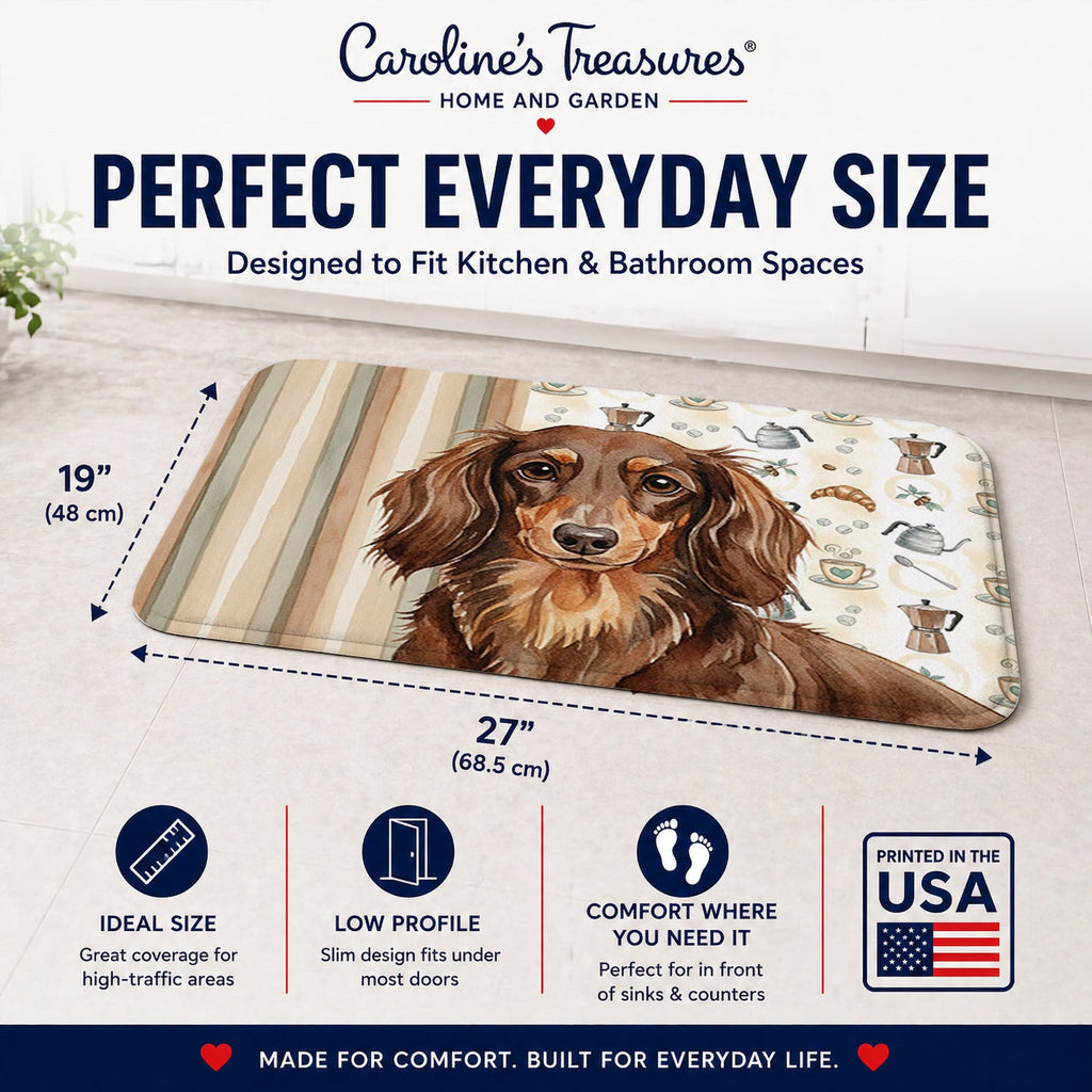 Longhaired Chocolate and Tan Dachshund Coffee Bar Memory Foam Kitchen Mat Machine Washable Anti-Fatigue Cushion Comfort Bath or Kitchen Rug