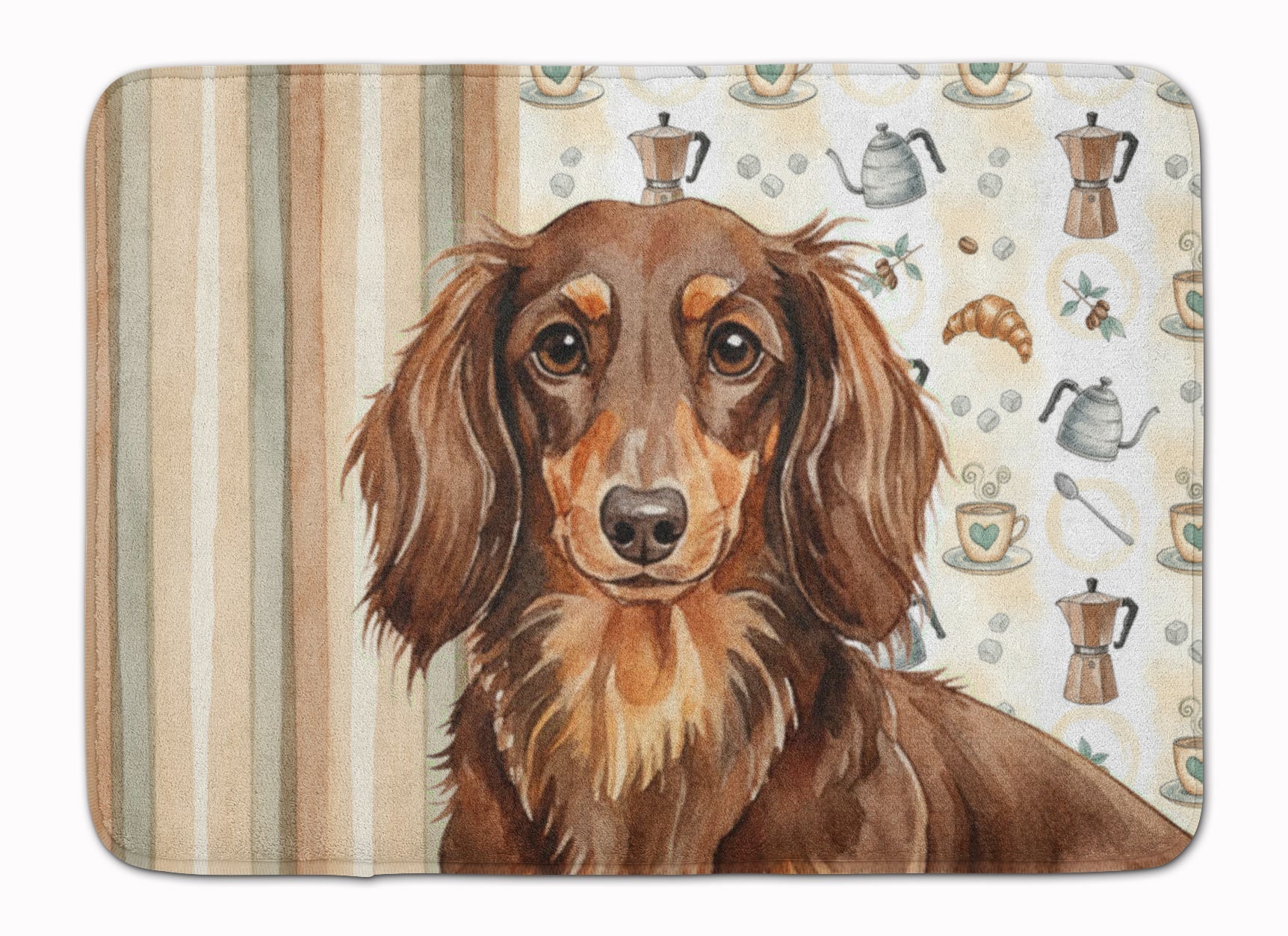 Longhaired Chocolate and Tan Dachshund Coffee Bar Memory Foam Kitchen Mat Machine Washable Anti-Fatigue Cushion Comfort Bath or Kitchen Rug