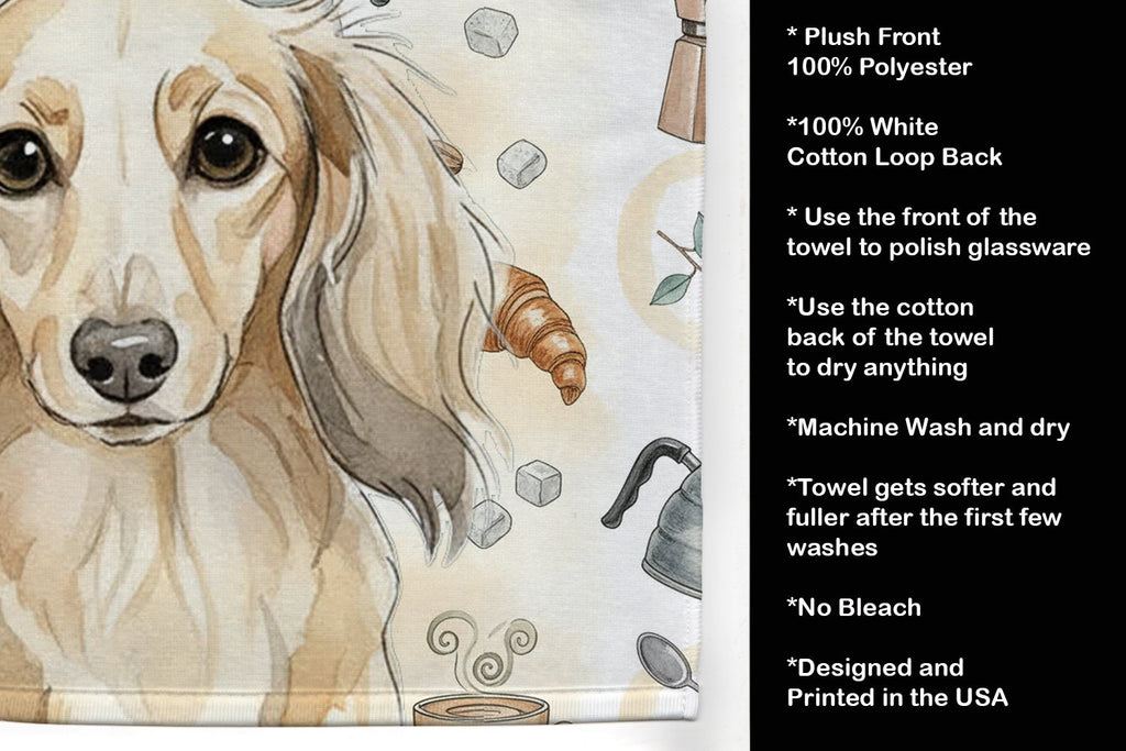 Longhaired Cream Dachshund Coffee Bar Kitchen Towel Velour Plush Front and Cotton Loop Back Machine Washable