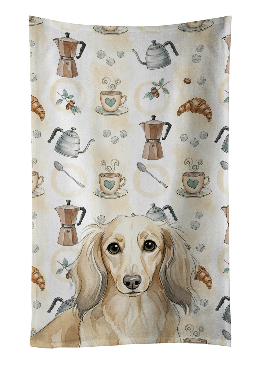 Longhaired Cream Dachshund Coffee Bar Kitchen Towel Velour Plush Front and Cotton Loop Back Machine Washable