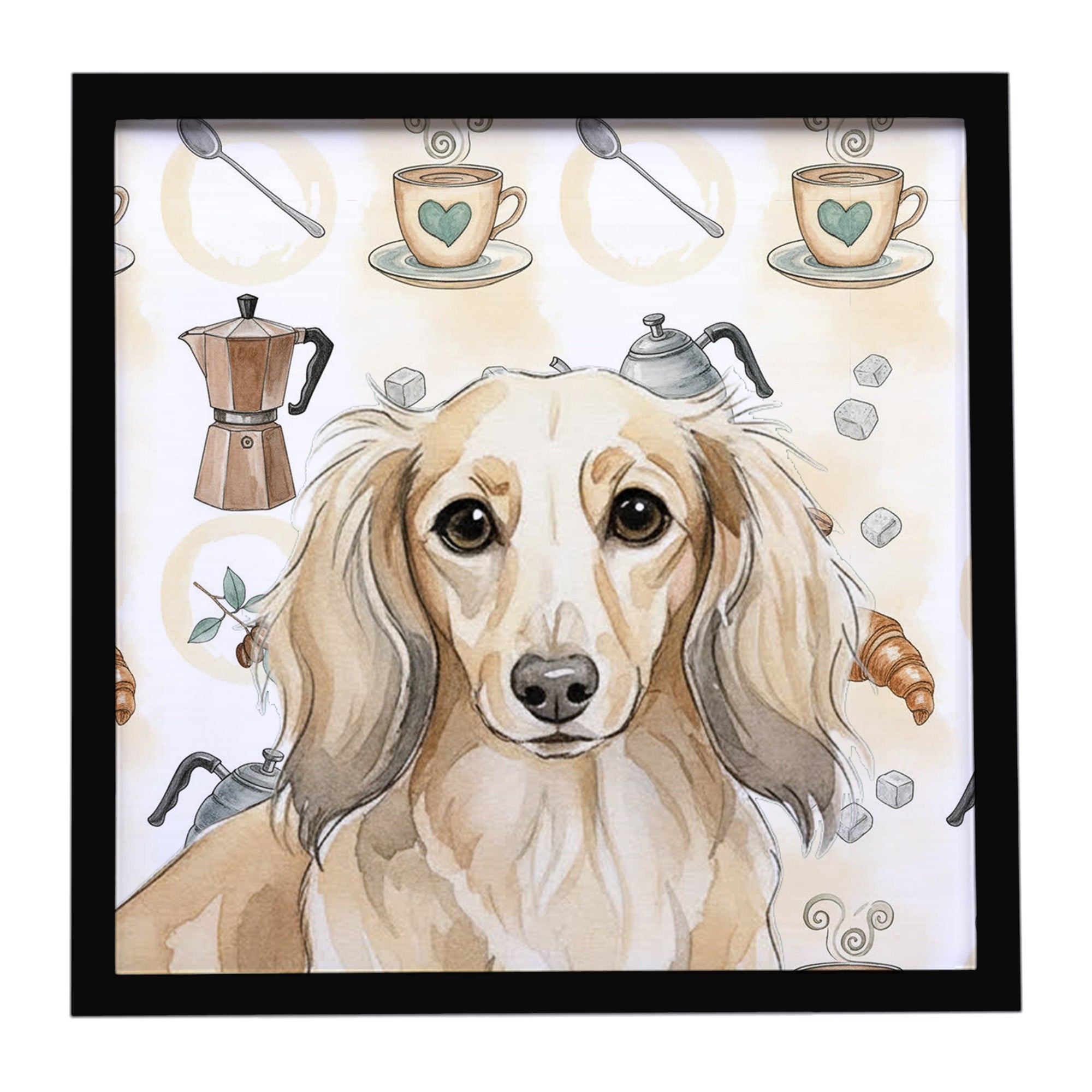 Longhaired Cream Dachshund Coffee Bar Framed Metal Print Bathroom, Kitchen, Office, Home Decor Wall Art Ready to Hang, Square, 8X8