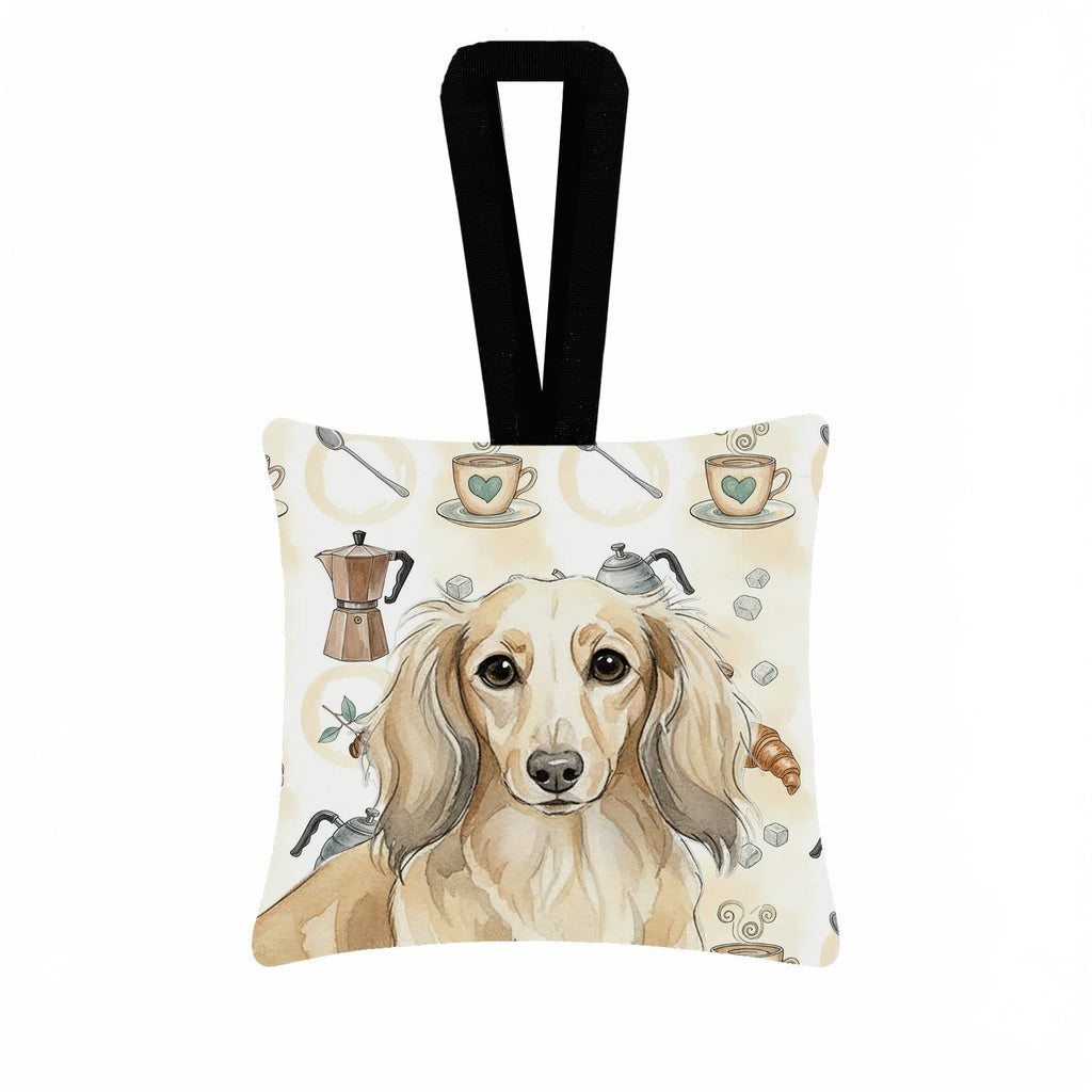 Longhaired Cream Dachshund Coffee Bar Hanging Square Fabric Ornament 3.5 � 3.5 Decorative Door-Knob & Tree Hanger, Soft Fabric