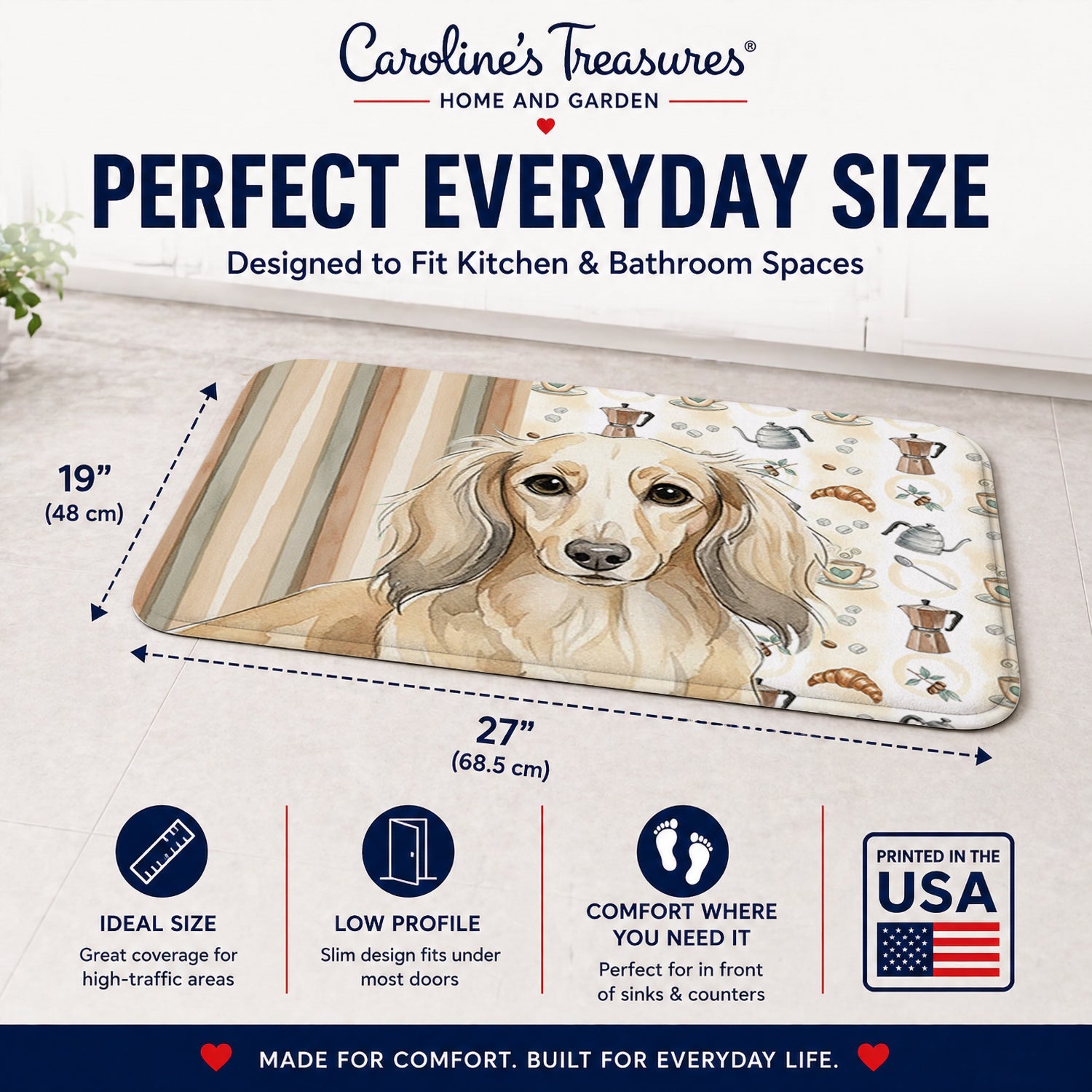 Longhaired Cream Dachshund Coffee Bar Memory Foam Kitchen Mat Machine Washable Anti-Fatigue Cushion Comfort Bath or Kitchen Rug