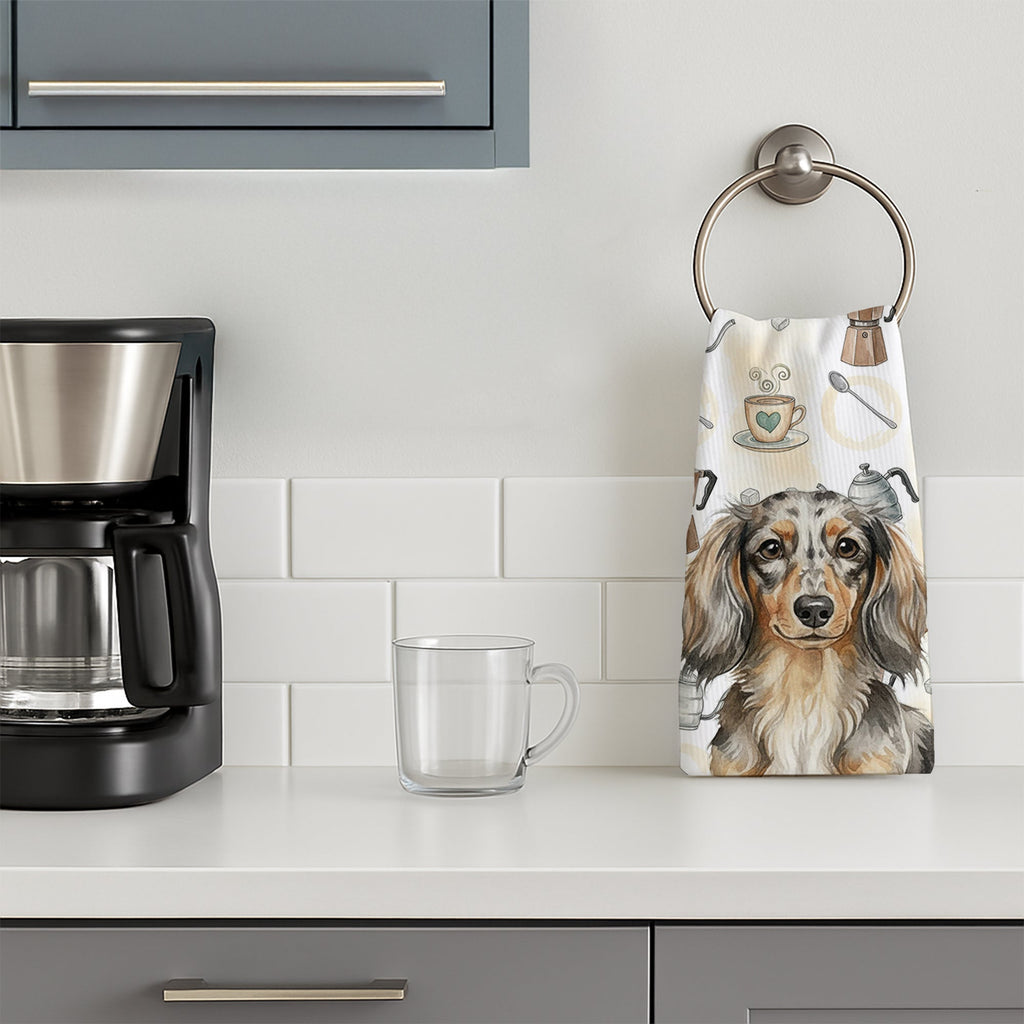 Longhaired Dapple Dachshund Coffee Bar Kitchen Towel Velour Plush Front and Cotton Loop Back Machine Washable