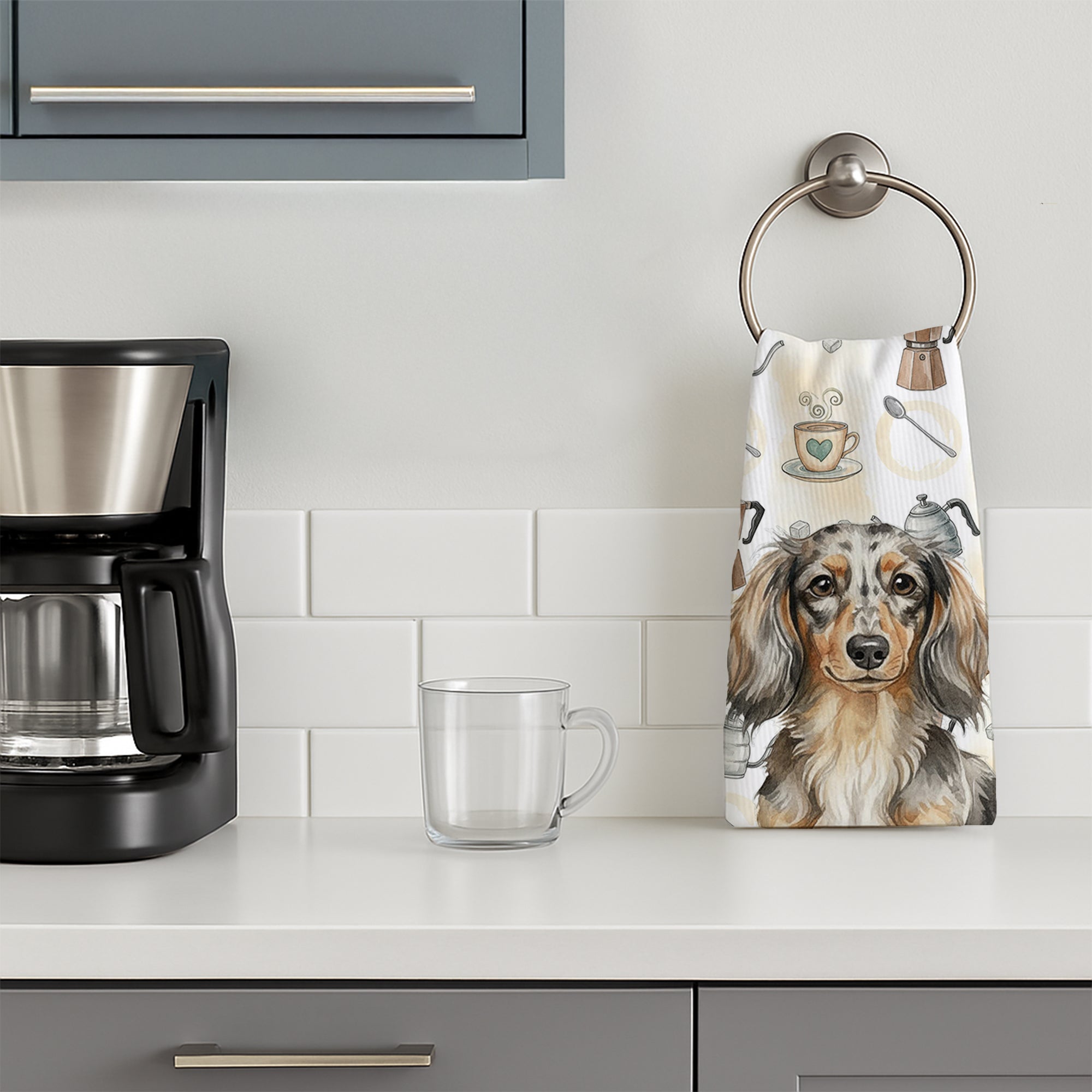 Longhaired Dapple Dachshund Coffee Bar Kitchen Towel Velour Plush Front and Cotton Loop Back Machine Washable