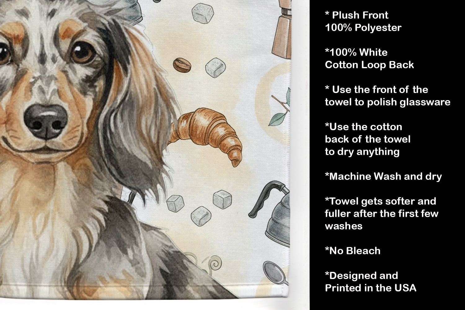 Longhaired Dapple Dachshund Coffee Bar Kitchen Towel Velour Plush Front and Cotton Loop Back Machine Washable
