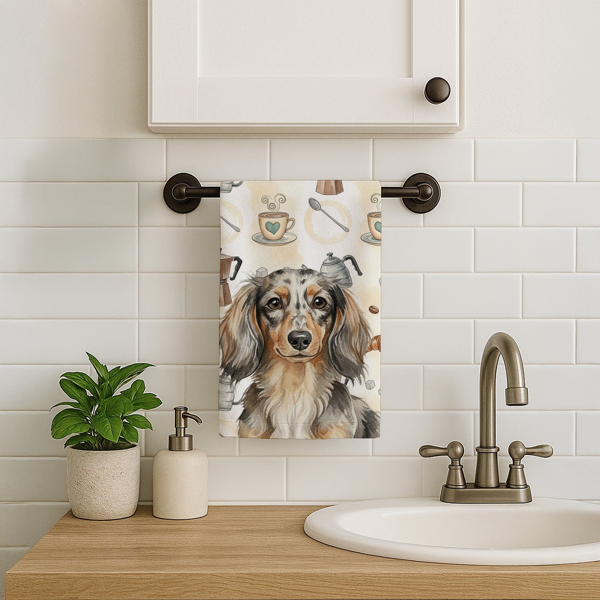 Longhaired Dapple Dachshund Coffee Bar Kitchen Towel Velour Plush Front and Cotton Loop Back Machine Washable