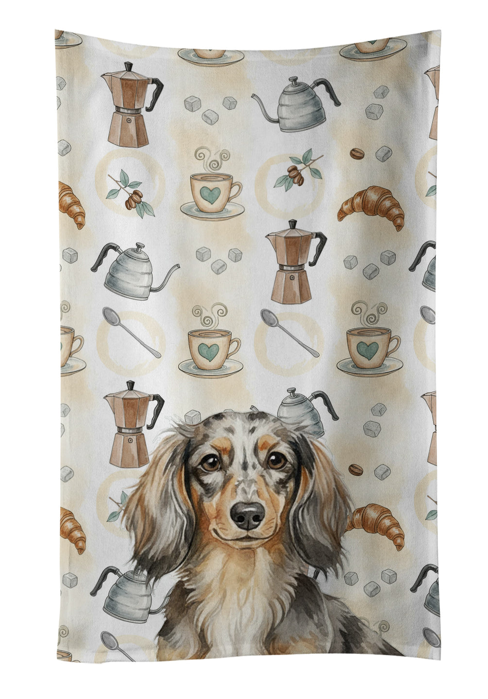 Longhaired Dapple Dachshund Coffee Bar Kitchen Towel Velour Plush Front and Cotton Loop Back Machine Washable