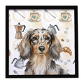 Longhaired Dapple Dachshund Coffee Bar Framed Metal Print Bathroom, Kitchen, Office, Home Decor Wall Art Ready to Hang, Square, 8X8