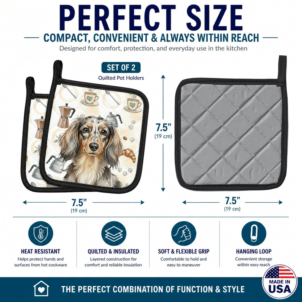Longhaired Dapple Dachshund Coffee Bar Pot Holder Set of 2 Heat Resistant Quilted Hot Pads 7.5 x 7.5 Inch, Insulated Kitchen Trivets for Cooking & Baking