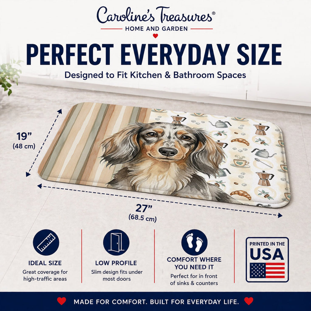 Longhaired Dapple Dachshund Coffee Bar Memory Foam Kitchen Mat Machine Washable Anti-Fatigue Cushion Comfort Bath or Kitchen Rug