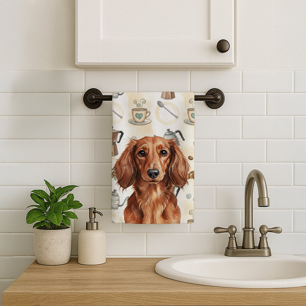 Longhaired Red Dachshund Coffee Bar Kitchen Towel Velour Plush Front and Cotton Loop Back Machine Washable