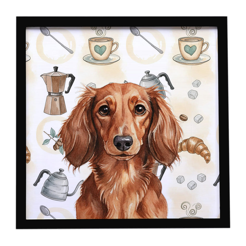 Longhaired Red Dachshund Coffee Bar Framed Metal Print Bathroom, Kitchen, Office, Home Decor Wall Art Ready to Hang, Square, 8X8