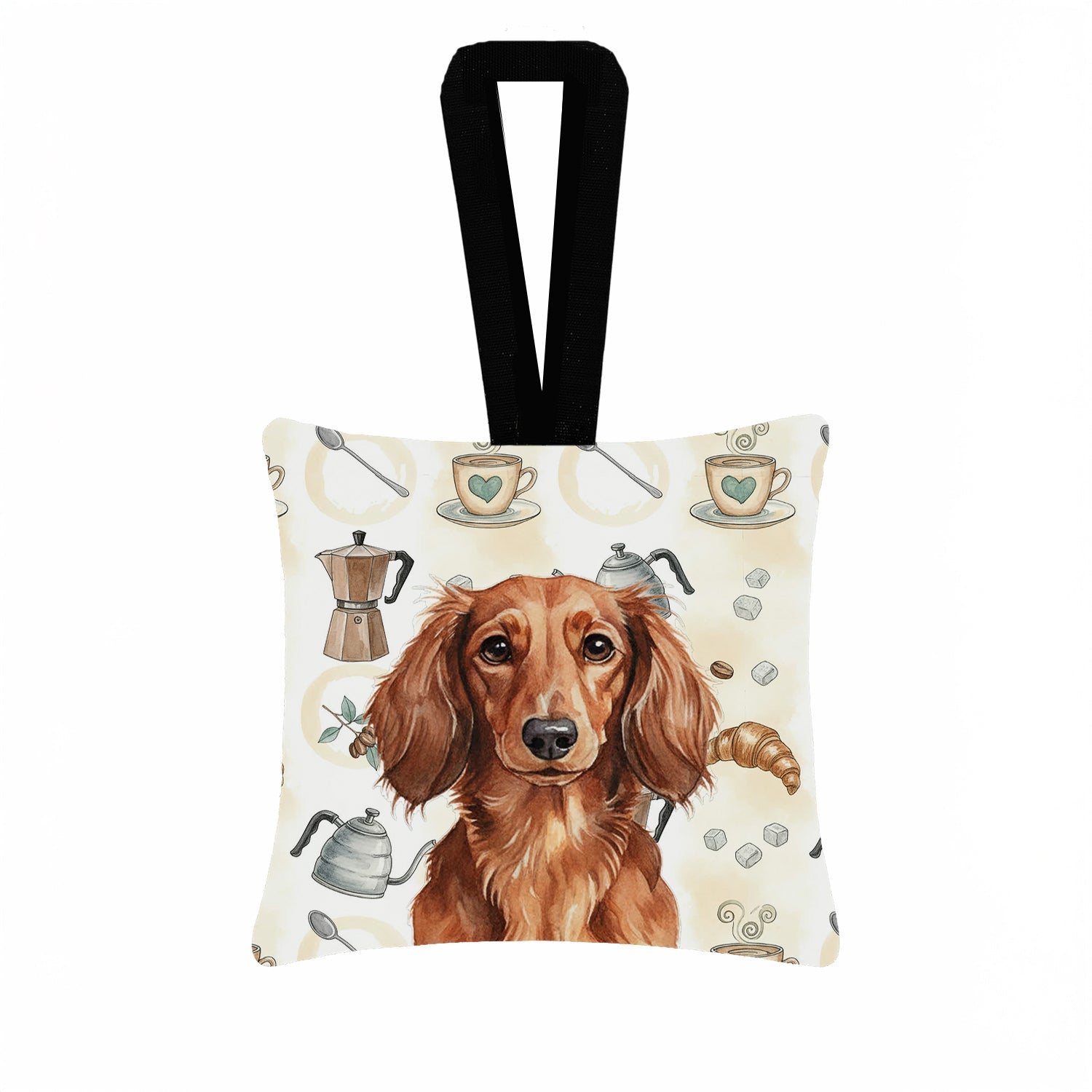 Longhaired Red Dachshund Coffee Bar Hanging Square Fabric Ornament 3.5 � 3.5 Decorative Door-Knob & Tree Hanger, Soft Fabric