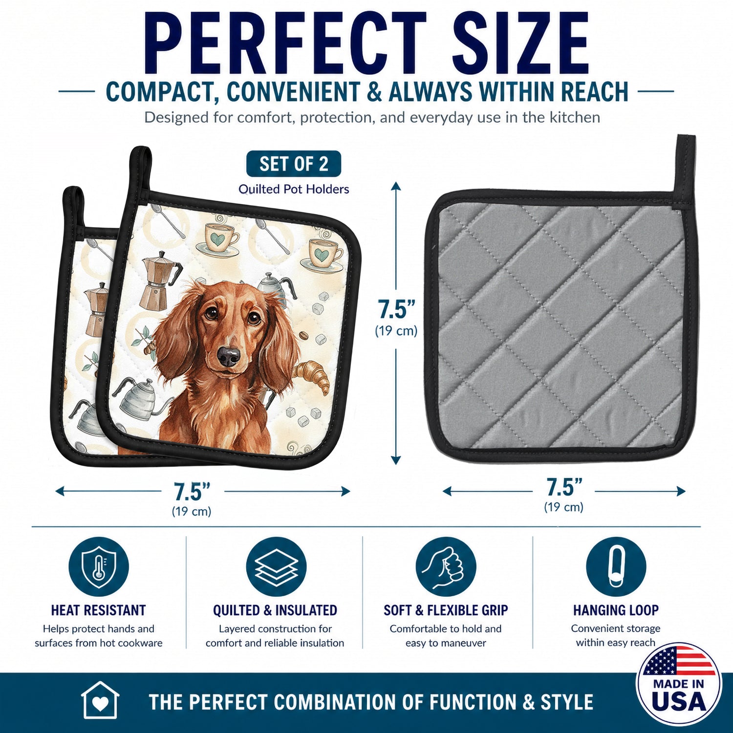 Longhaired Red Dachshund Coffee Bar Pot Holder Set of 2 Heat Resistant Quilted Hot Pads 7.5 x 7.5 Inch, Insulated Kitchen Trivets for Cooking & Baking
