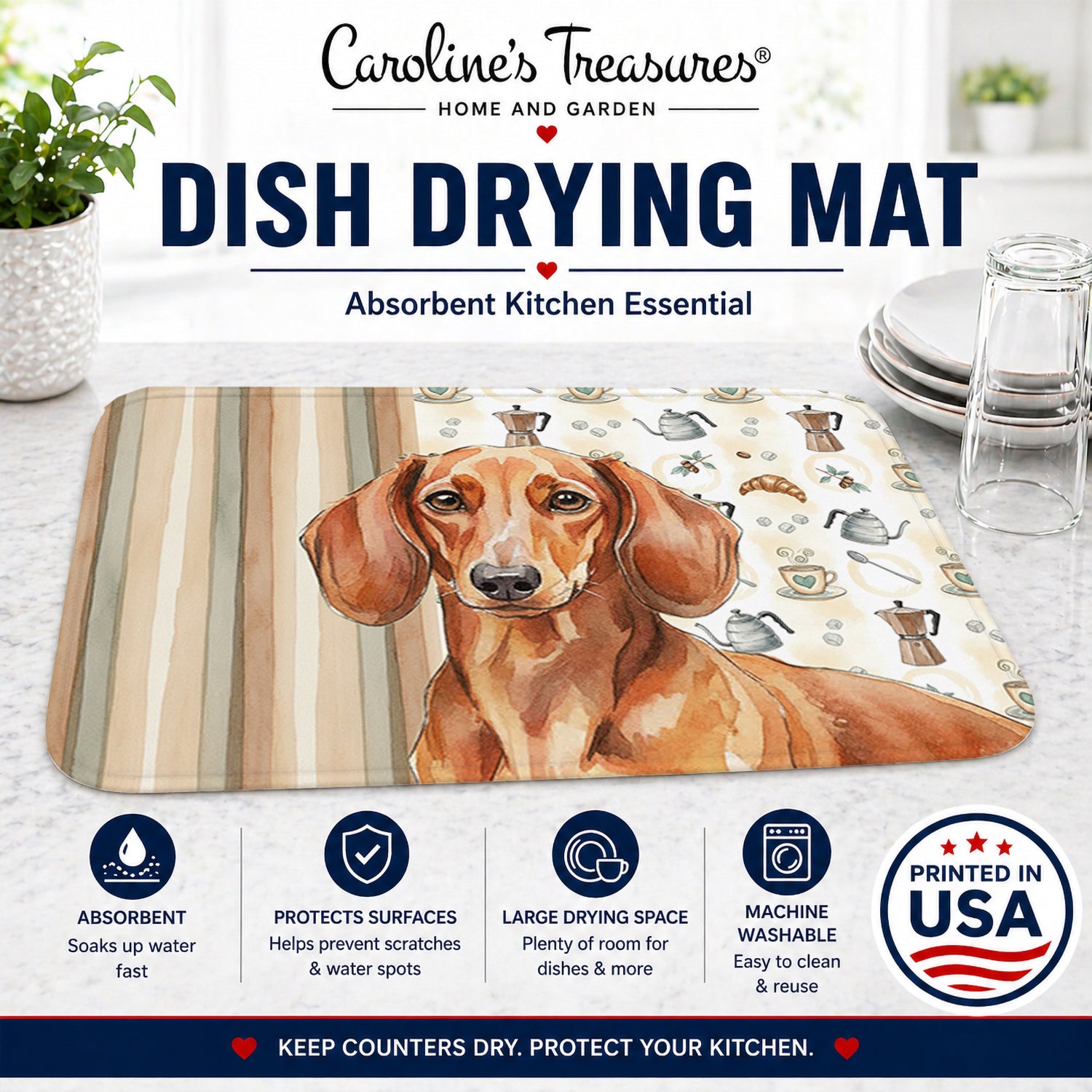 Red Brown Dachshund Coffee Bar Dish Drying Mat Absorbent Dish Drying Mat Pad for Kitchen Counter Dish Drainer Mat for Countertop, 14 x 21", Multicolor