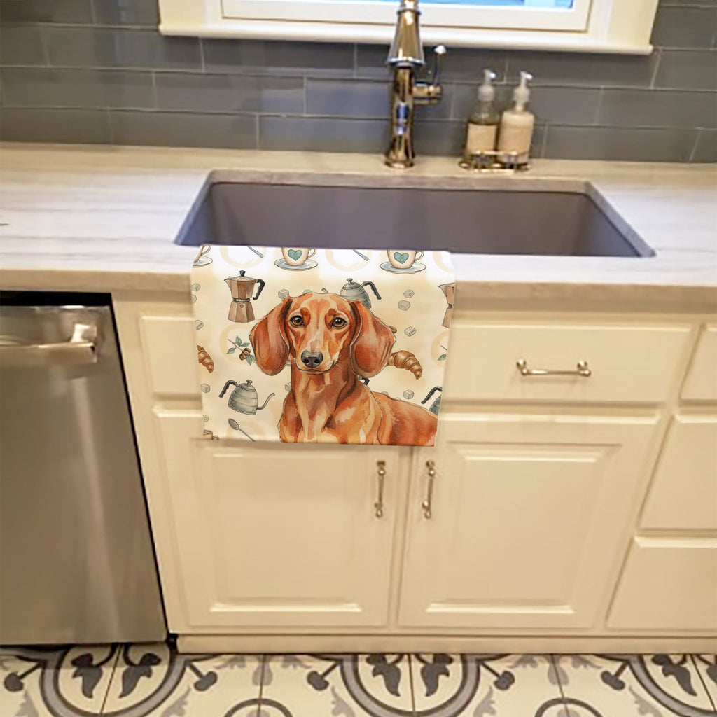 Red Brown Dachshund Coffee Bar Kitchen Towel Velour Plush Front and Cotton Loop Back Machine Washable