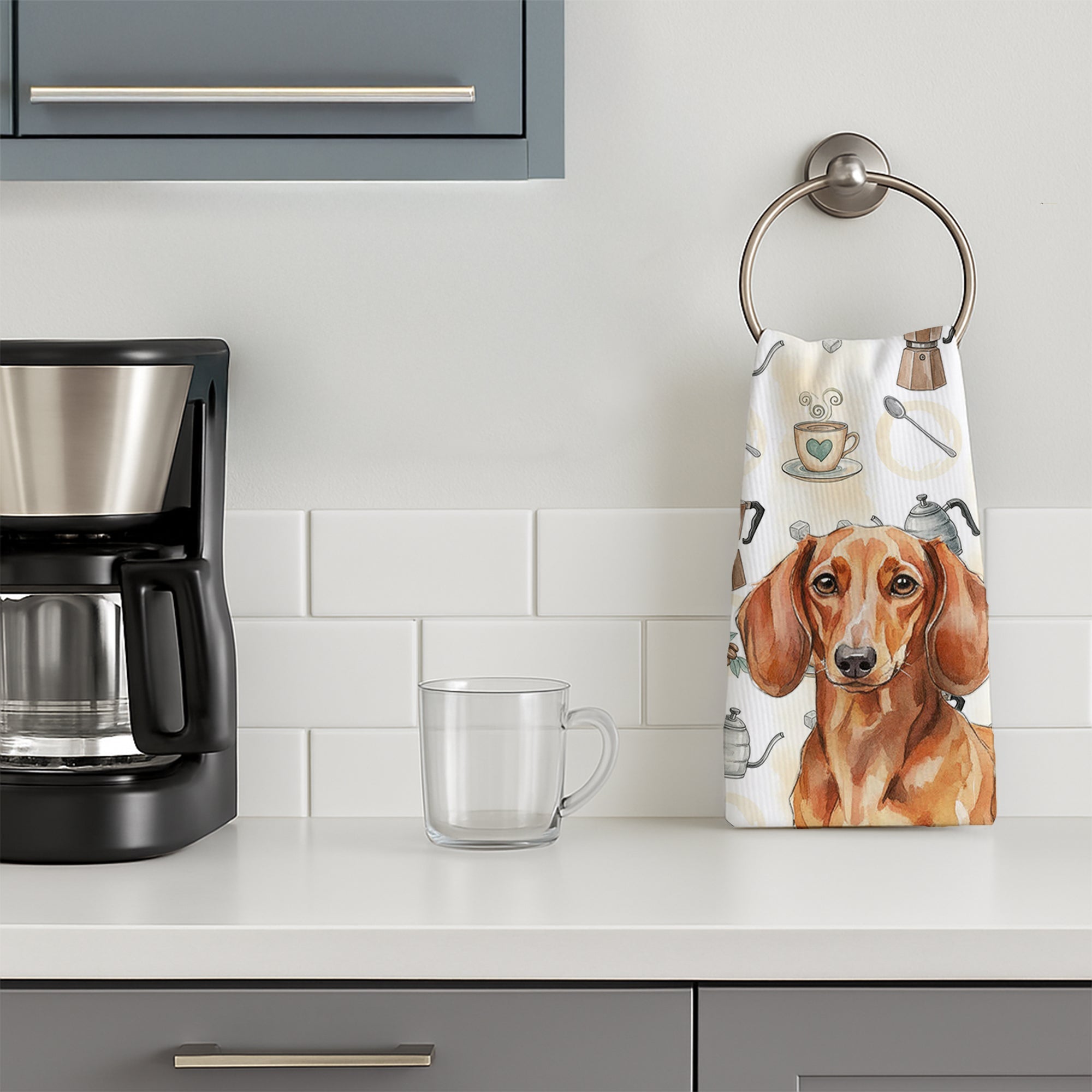 Red Brown Dachshund Coffee Bar Kitchen Towel Velour Plush Front and Cotton Loop Back Machine Washable