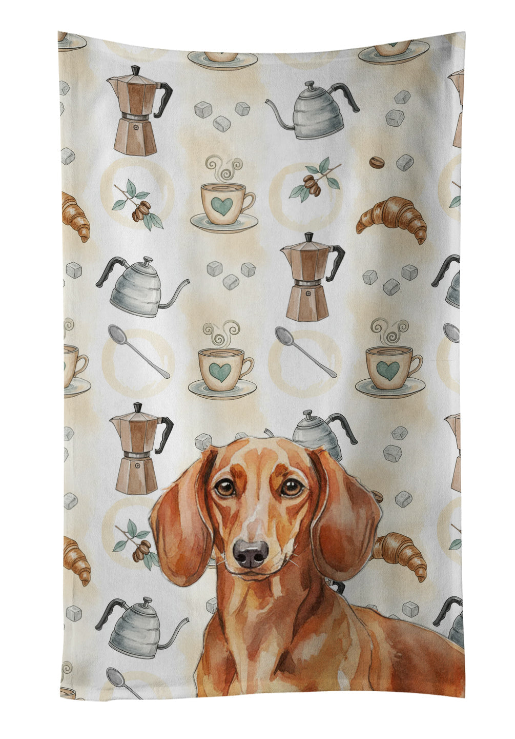 Red Brown Dachshund Coffee Bar Kitchen Towel Velour Plush Front and Cotton Loop Back Machine Washable