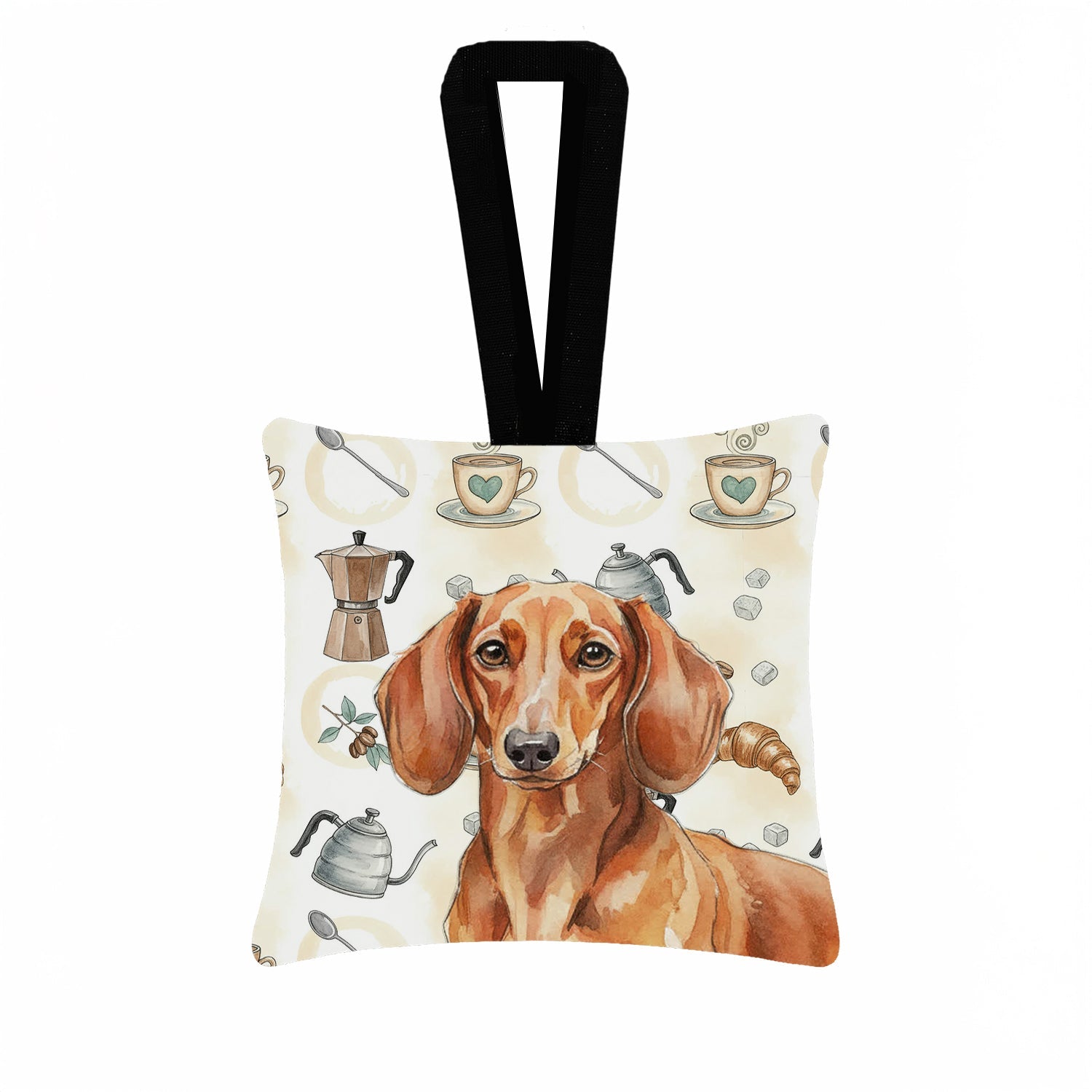 Red Brown Dachshund Coffee Bar Hanging Square Fabric Ornament 3.5 � 3.5 Decorative Door-Knob & Tree Hanger, Soft Fabric