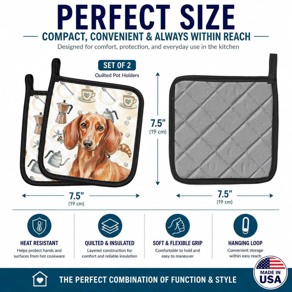 Red Brown Dachshund Coffee Bar Pot Holder Set of 2 Heat Resistant Quilted Hot Pads 7.5 x 7.5 Inch, Insulated Kitchen Trivets for Cooking & Baking