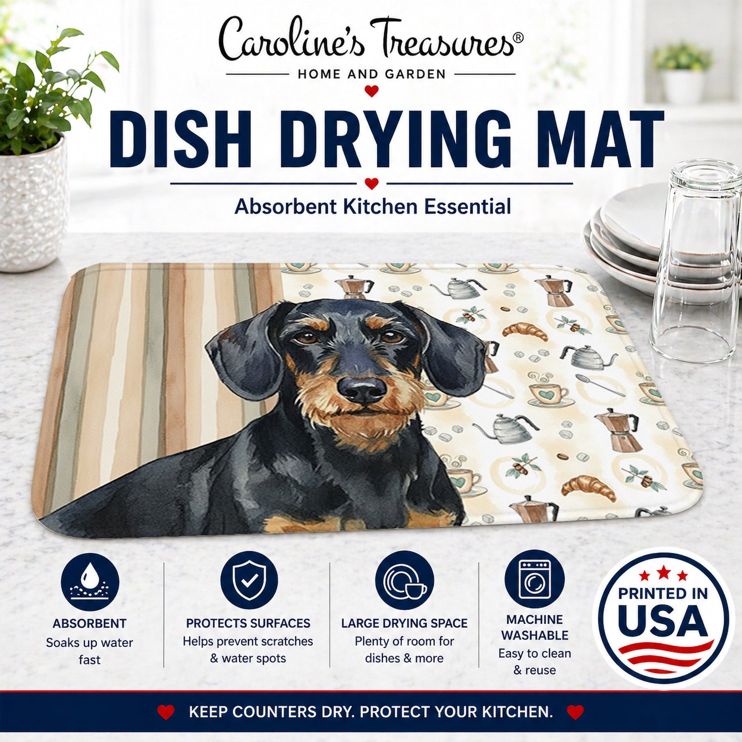 Wirehaired Black and Tan Dachshund Coffee Bar Dish Drying Mat Absorbent Dish Drying Mat Pad for Kitchen Counter Dish Drainer Mat for Countertop, 14 x 21", Multicolor