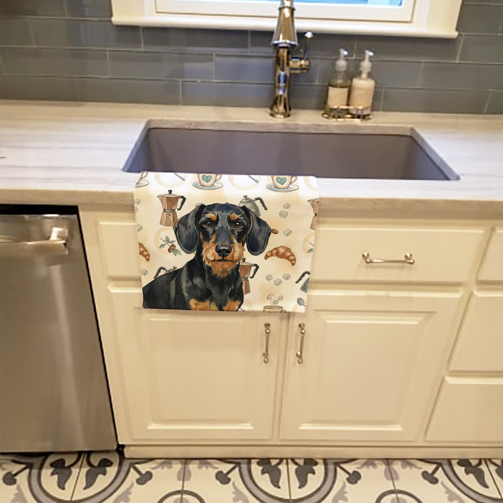 Wirehaired Black and Tan Dachshund Coffee Bar Kitchen Towel Velour Plush Front and Cotton Loop Back Machine Washable