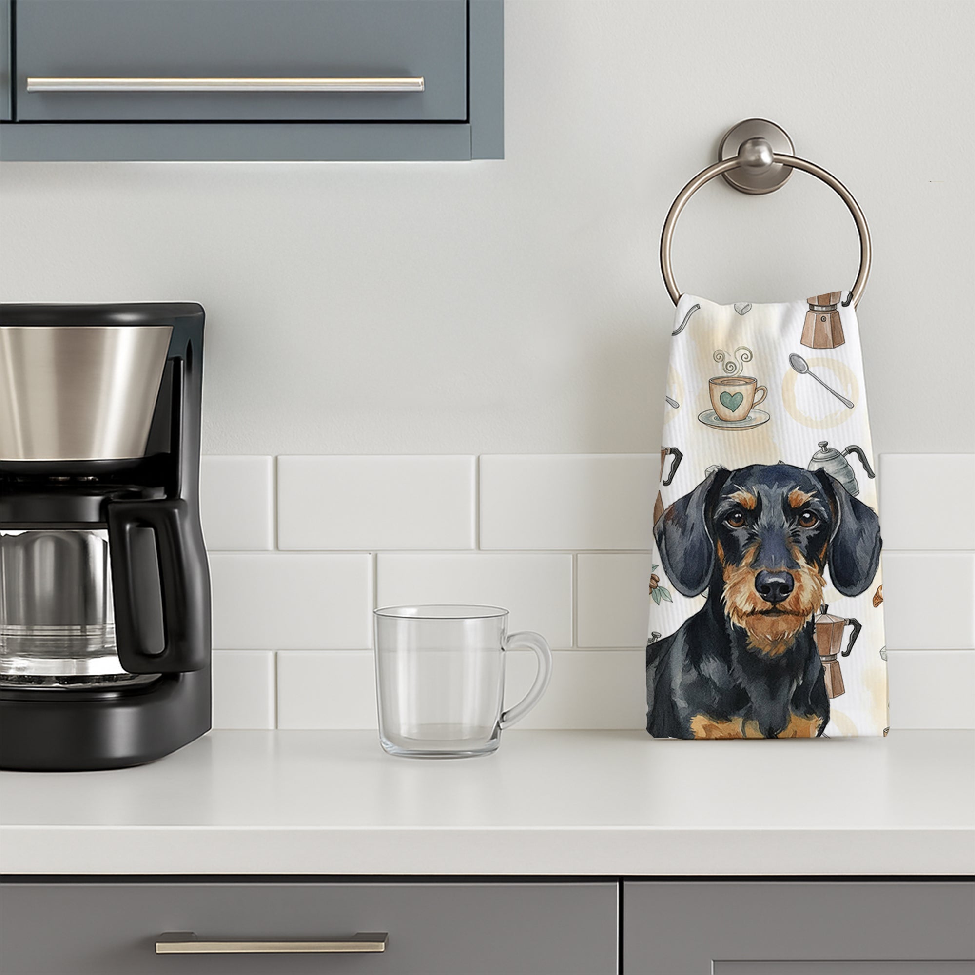 Wirehaired Black and Tan Dachshund Coffee Bar Kitchen Towel Velour Plush Front and Cotton Loop Back Machine Washable