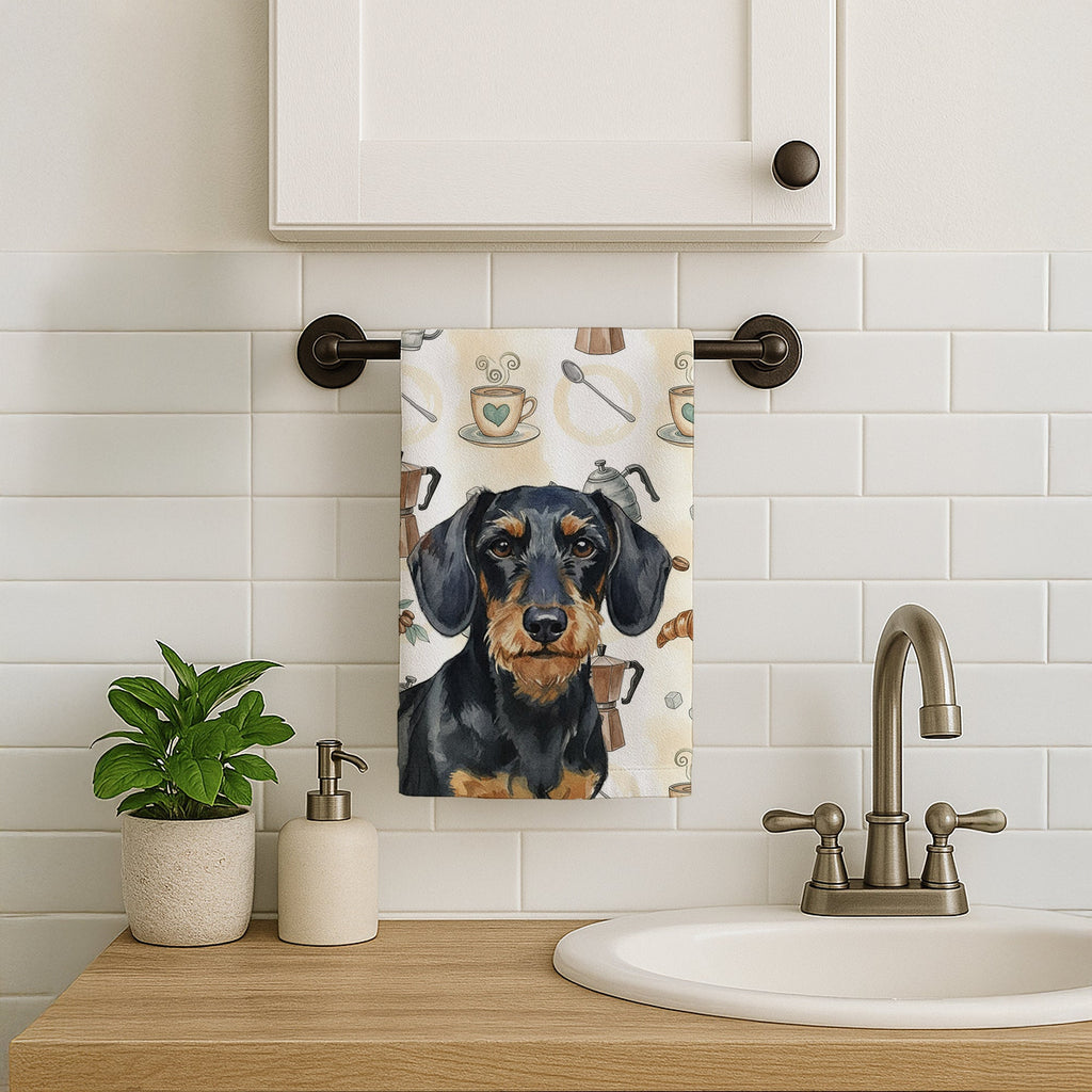 Wirehaired Black and Tan Dachshund Coffee Bar Kitchen Towel Velour Plush Front and Cotton Loop Back Machine Washable